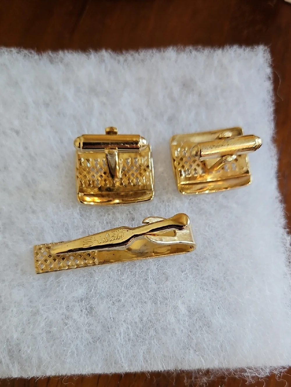 Shields Smokey Quartz Gold Tone‎ Vintage Cufflinks And Tie Tack